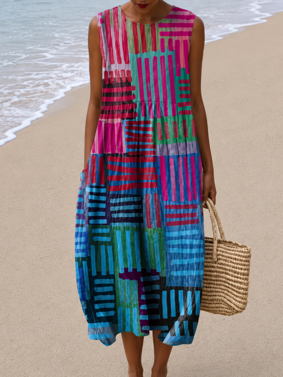 Geometric Stripe Sleeveless Crew Neck Midi Dress