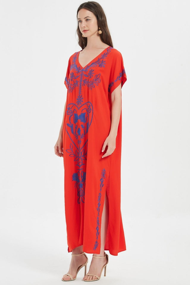 Embroidered V-Neck Short-Sleeve Kaftan Maxi Dress 30