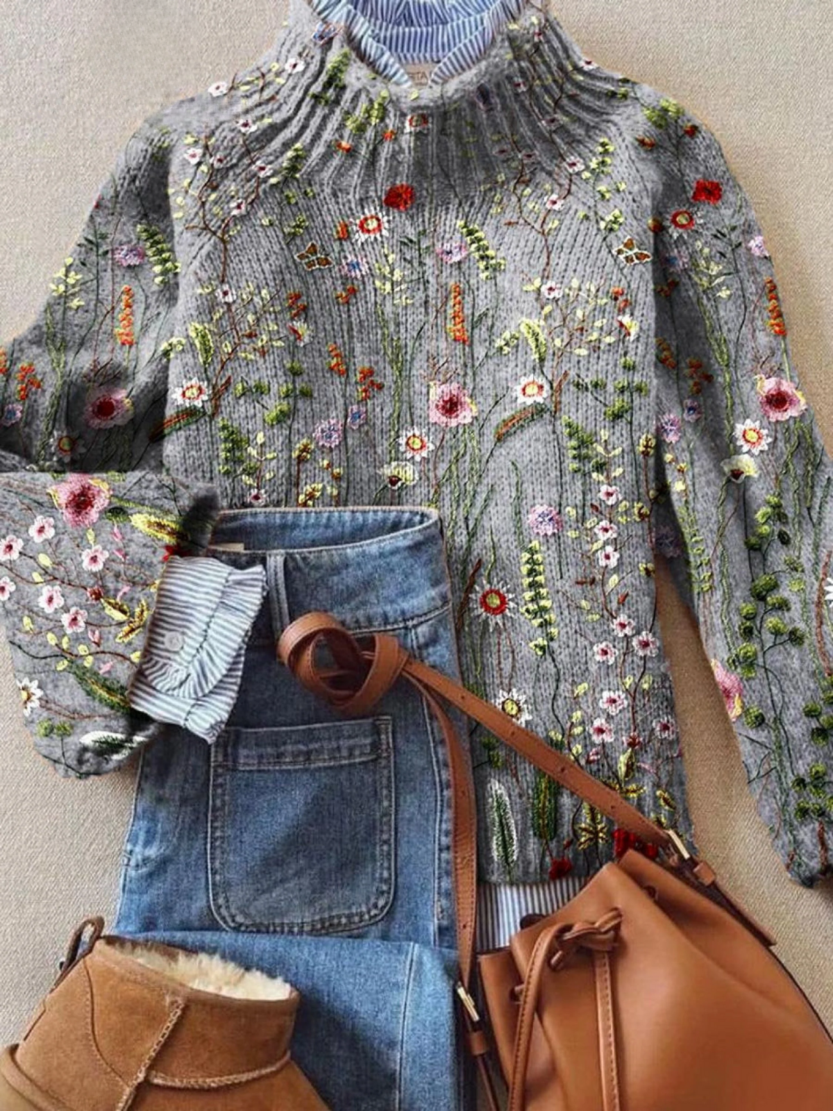 Mock Neck Long Sleeve Floral Embroidered Knit Sweater