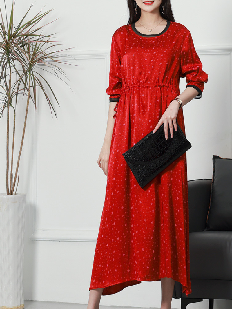 Star Print Round Neck Long-Sleeve Drawstring Waist Maxi Dress