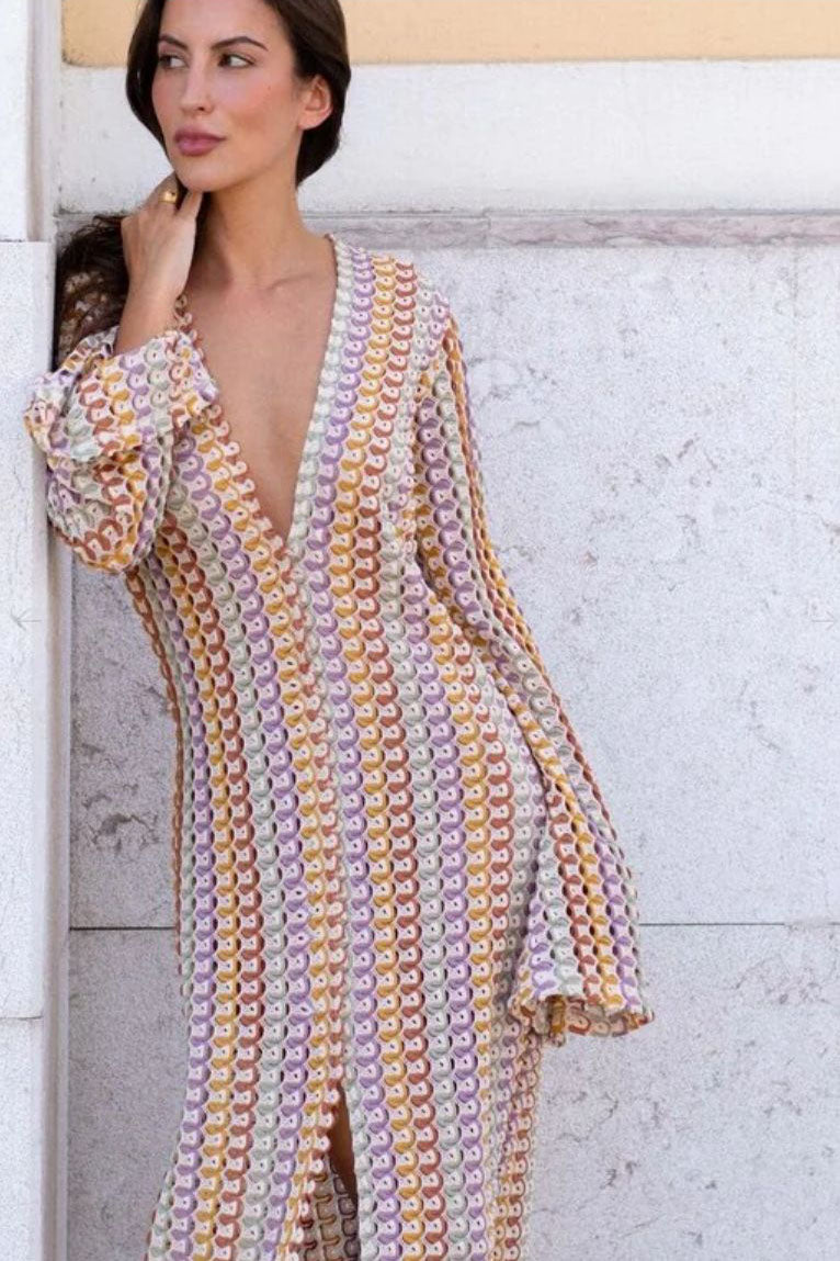 Crochet Deep V-Neck Long Sleeve Striped Boho Maxi Dress - View 24