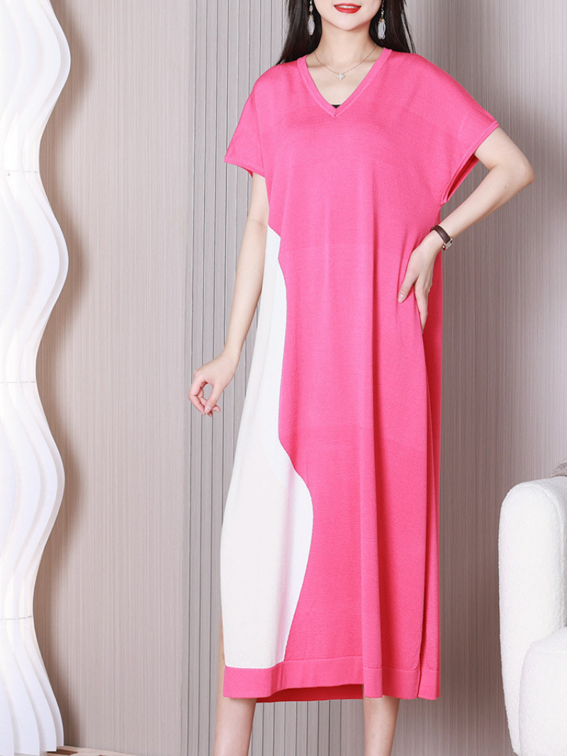 Colourblock V-Neck Short Sleeve Knit Midi Dress