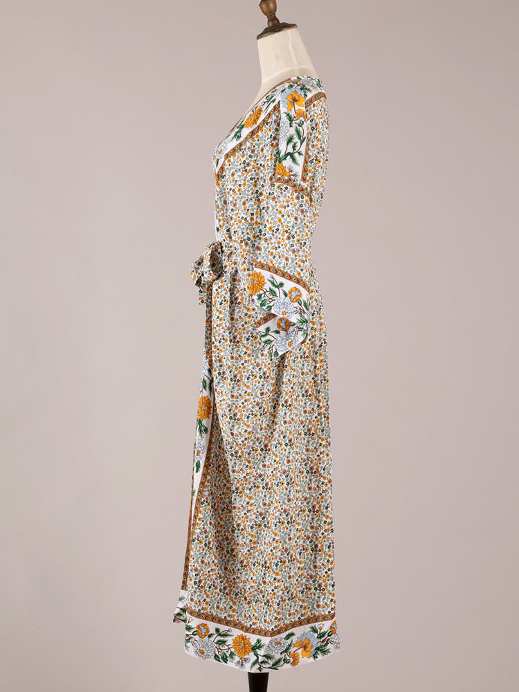 Beachwear Floral Cotton Kimono Beige Color Long Gown Robe Kimono Duster Robe - Fashionpara