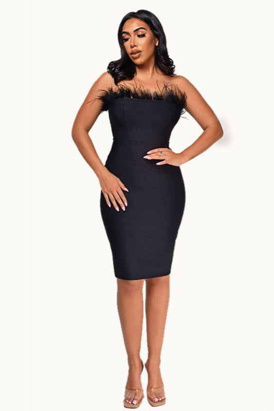 Feather-Trim Strapless Bandage Bodycon Midi Dress 3