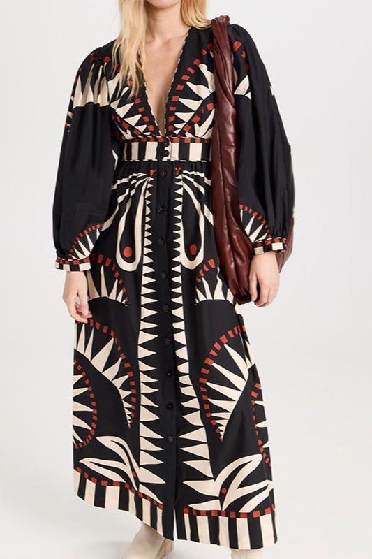 Geometric Print V-Neck Puff Sleeve Button Front Maxi Dress