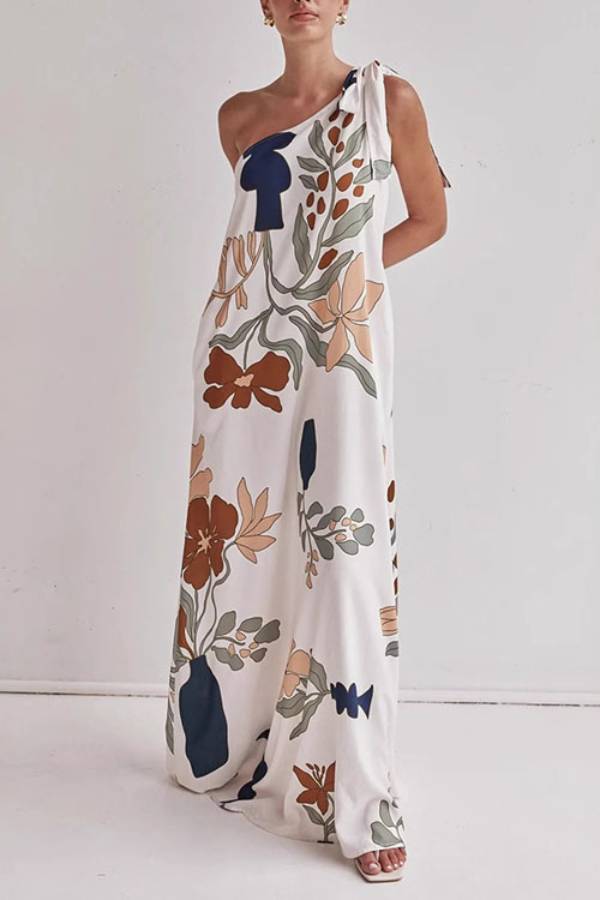 Matches The Vacation Unique Print One Shoulder Tie-up Pocketed Loose Maxi Dress - Fashionpara