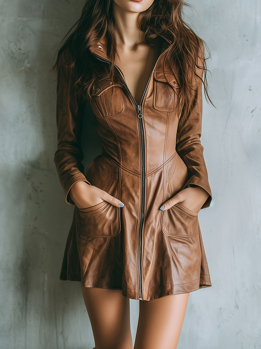 Chic Brown Leather Zip-Up Fitted Mini Dress Coat With Flared Hem - Fashionpara