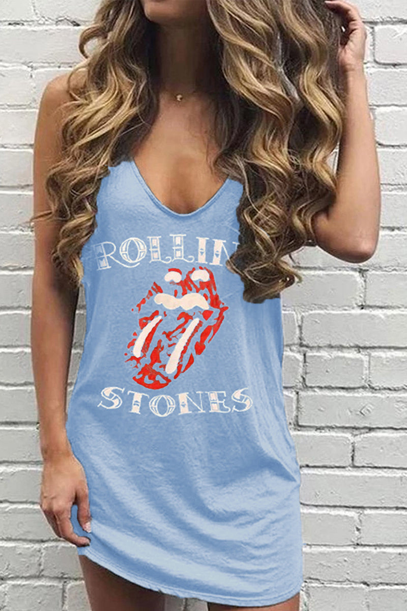 Lip Print Rolling Stones Blue Mini Dress - Fashionpara