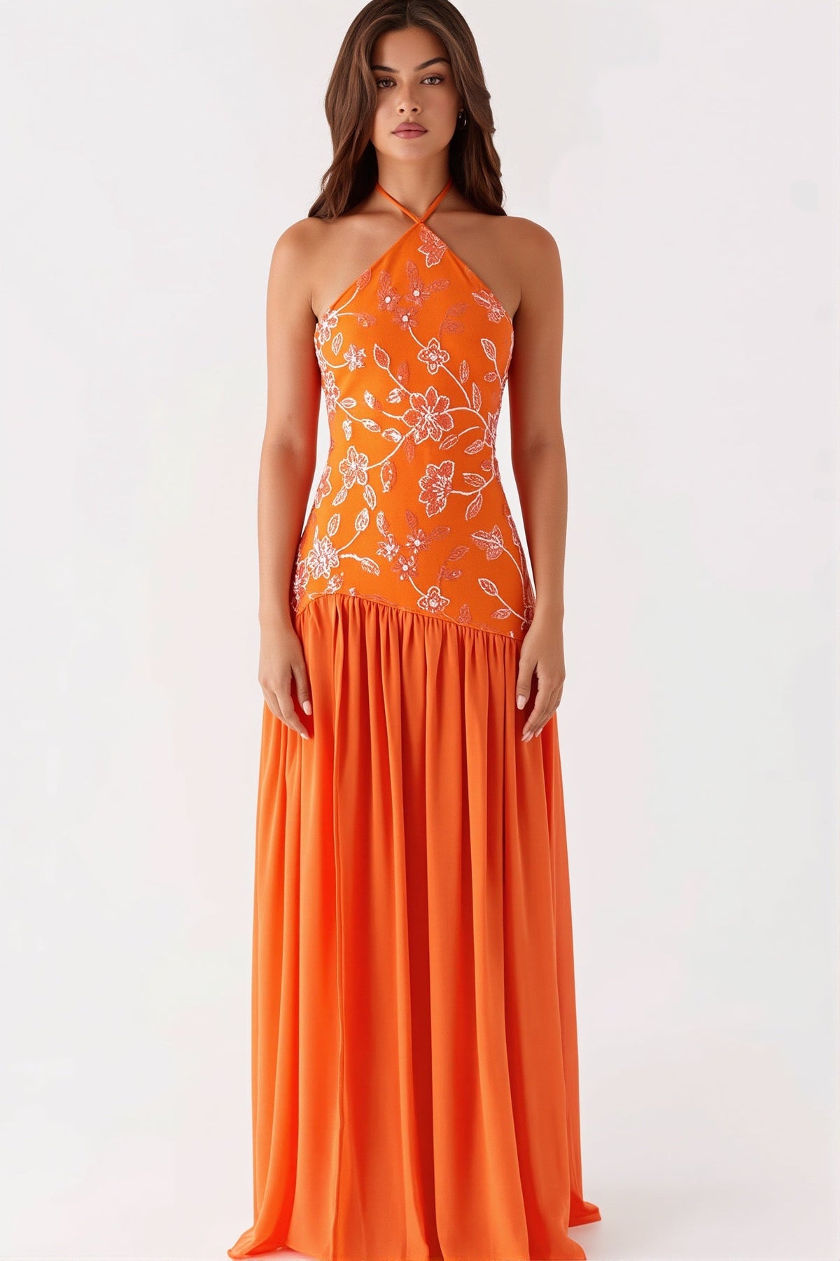 Floral Sequin Halter Neck Drop Waist Maxi Gown