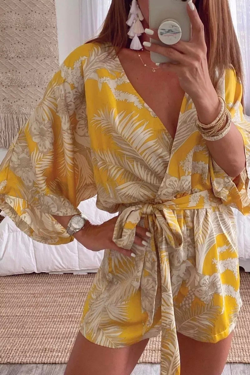 Lace-up Plants Print Yellow One-piece Romper