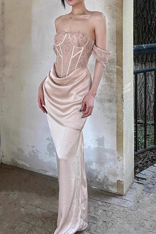 Corset Off Shoulder Ruched Satin Maxi Prom Dress