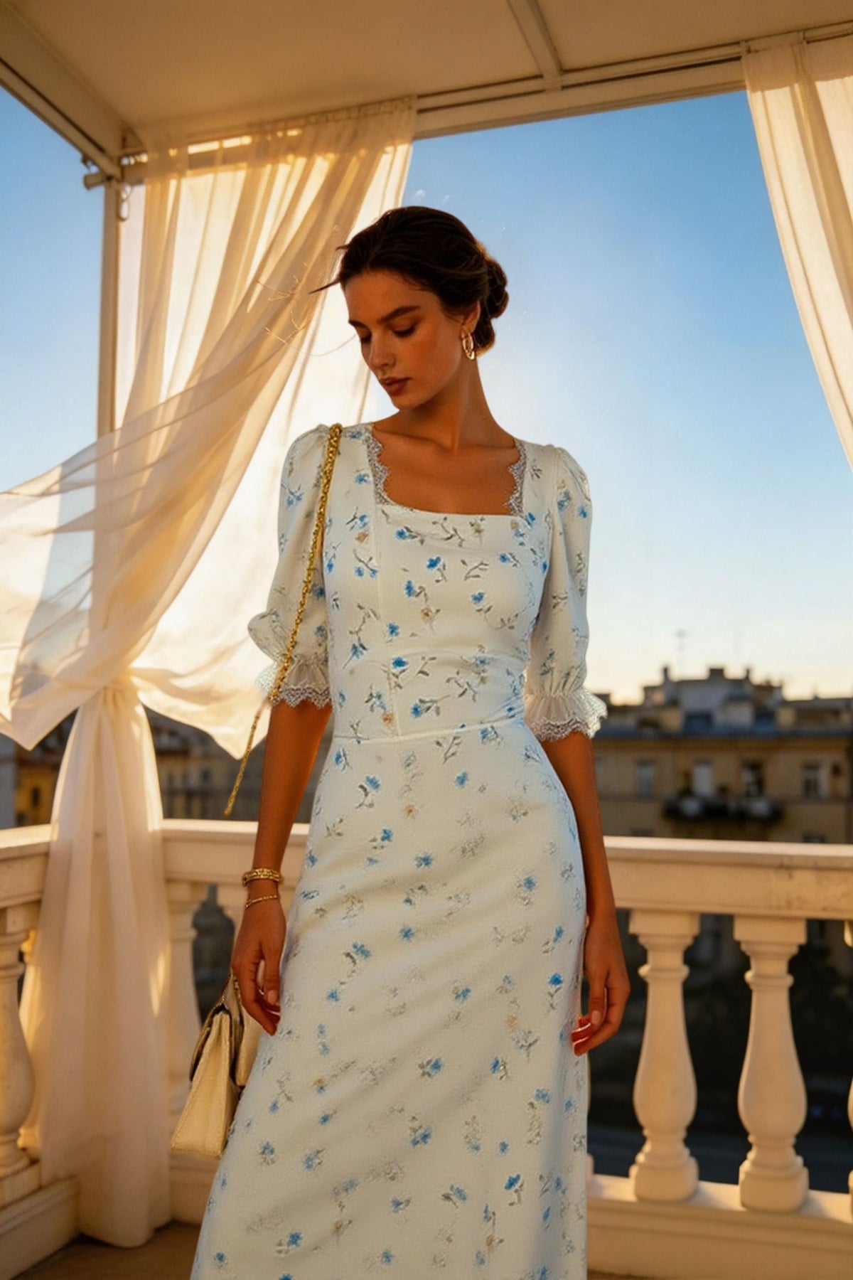 Floral Print Square Neck Puff Sleeve Midi Dress