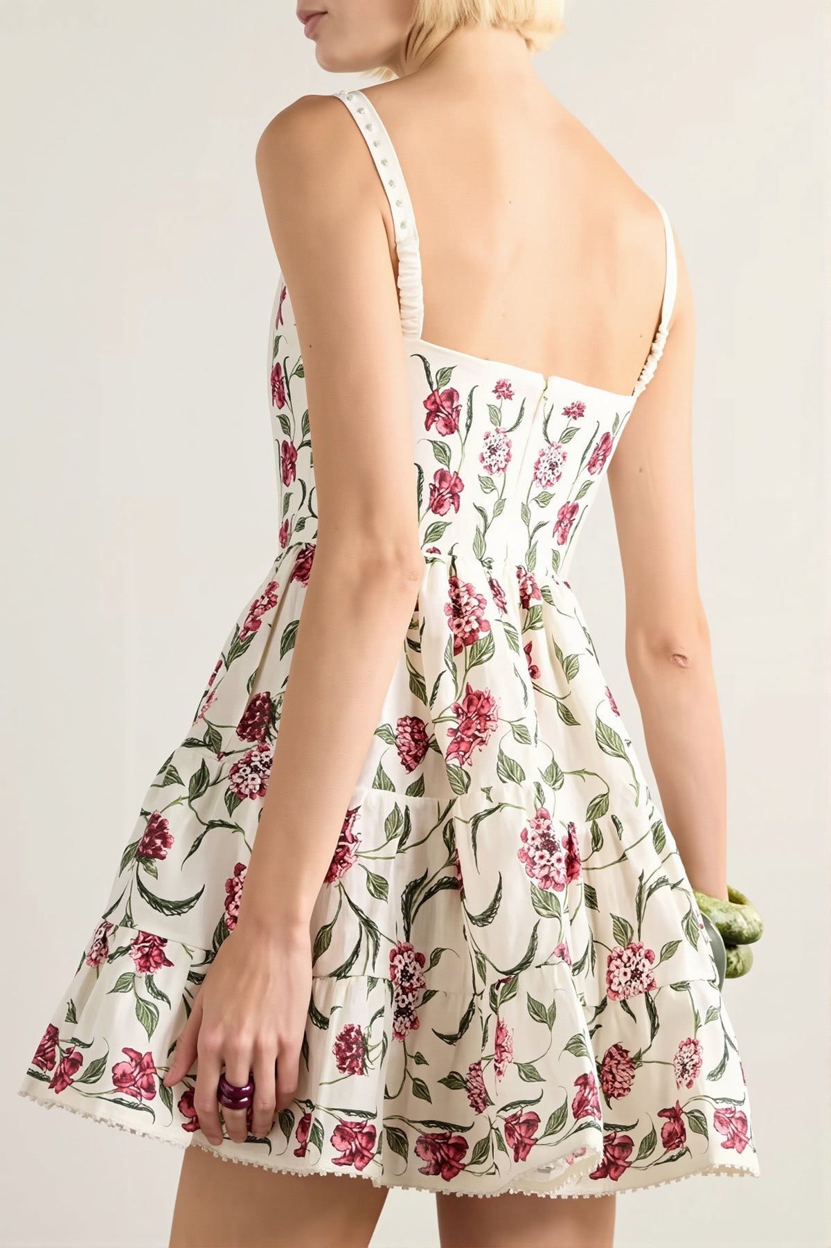 Floral Square Neck Lace Trim Tiered Mini Dress 2