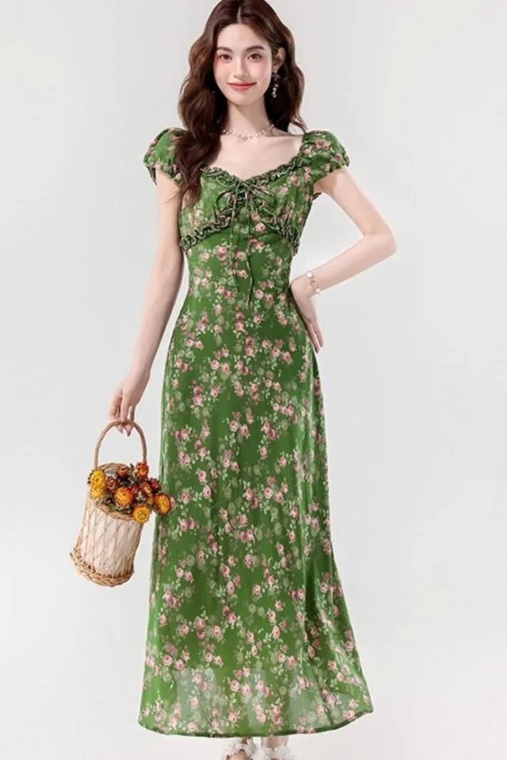 Floral Print Sweetheart Ruffle Puff Sleeve A-Line Maxi Dress