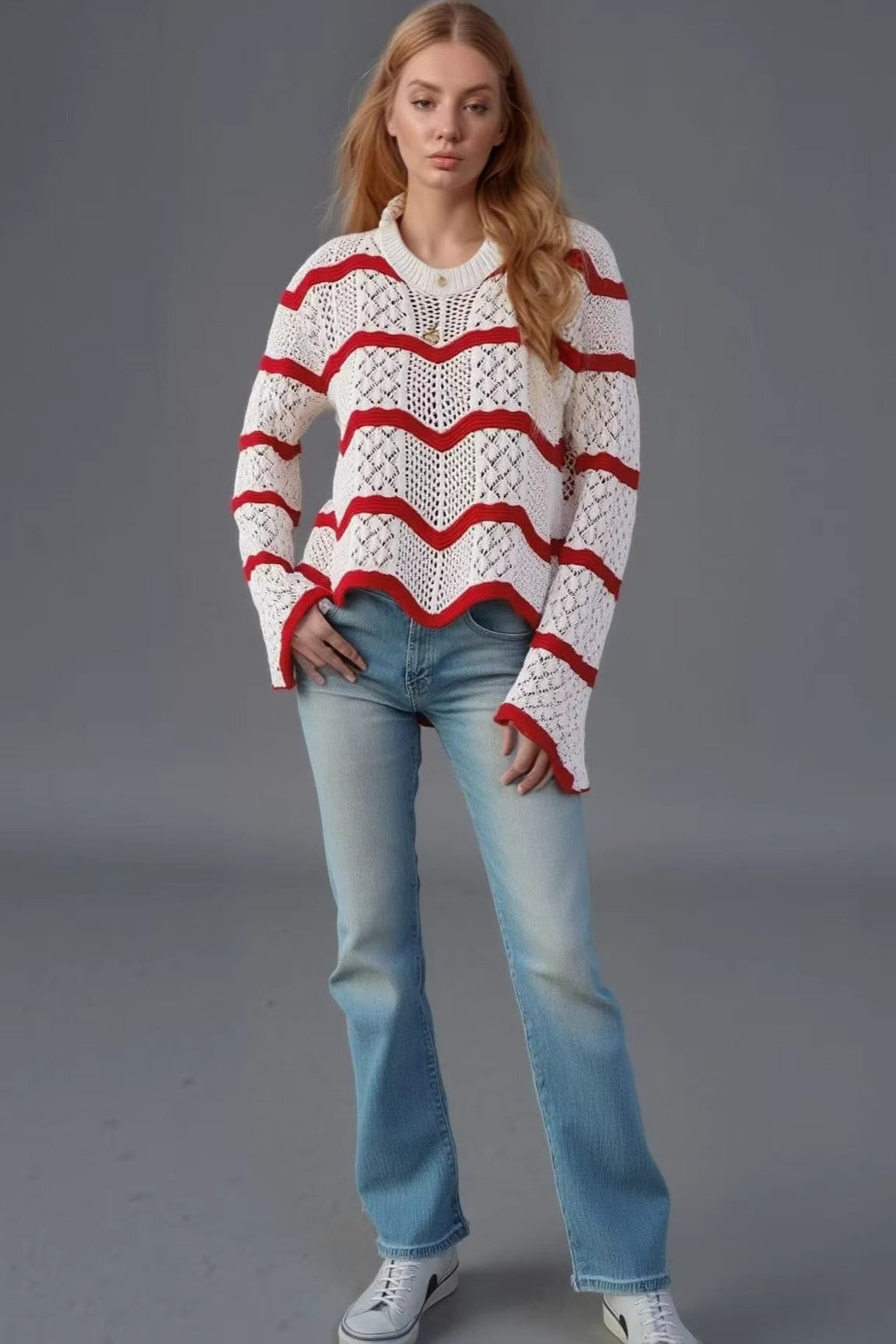 Casual Wavy Knit Bell Sleeve Sweater