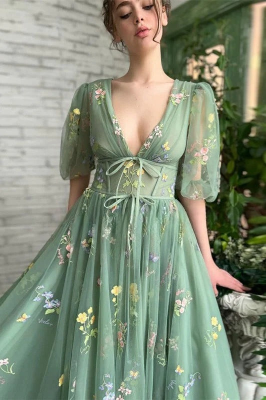 Floral Deep V-Neck Puff Sleeve Lace Up Tulle A-Line Maxi Dress