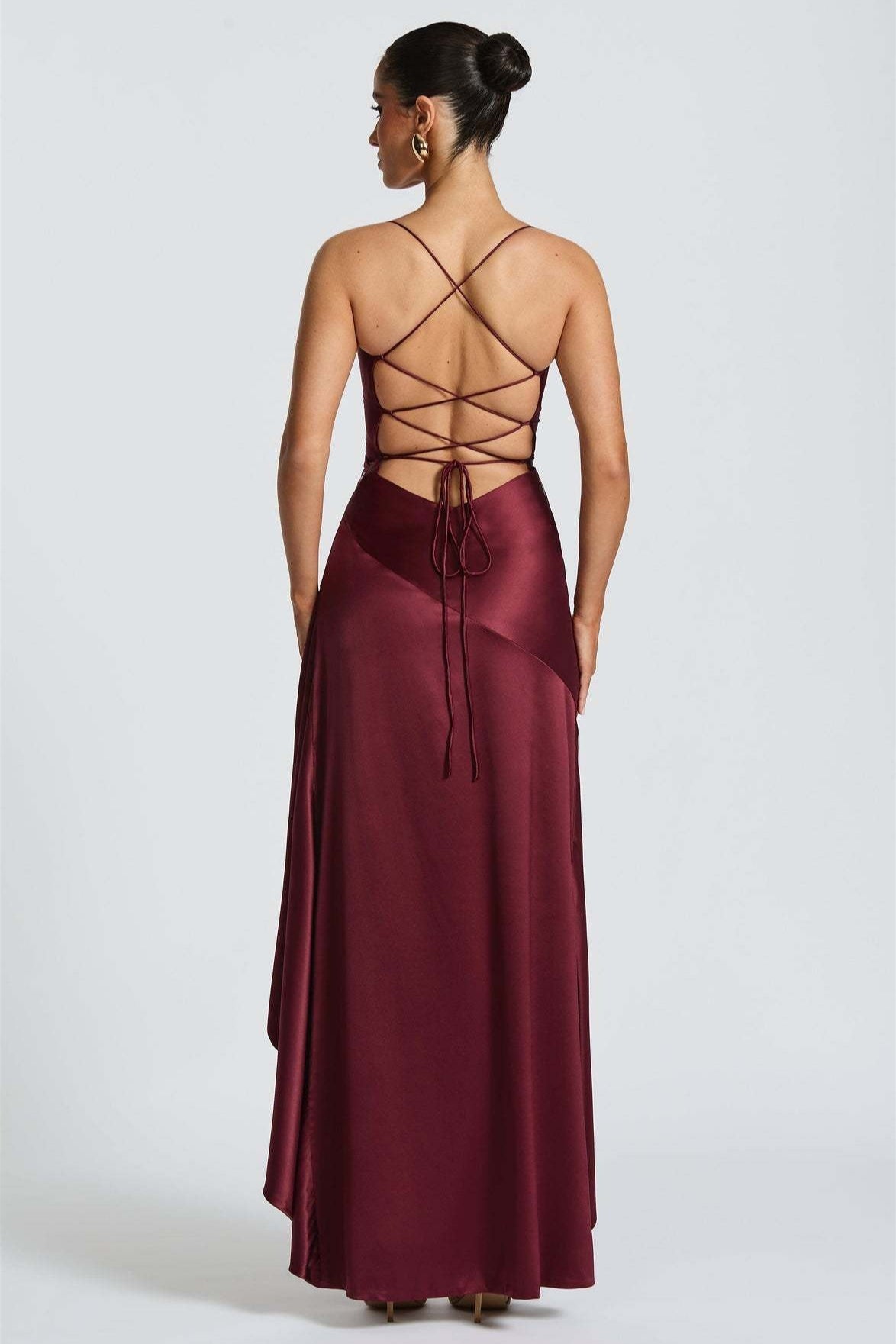 Satin Cowl Neck High Split Ruffle Maxi Dress