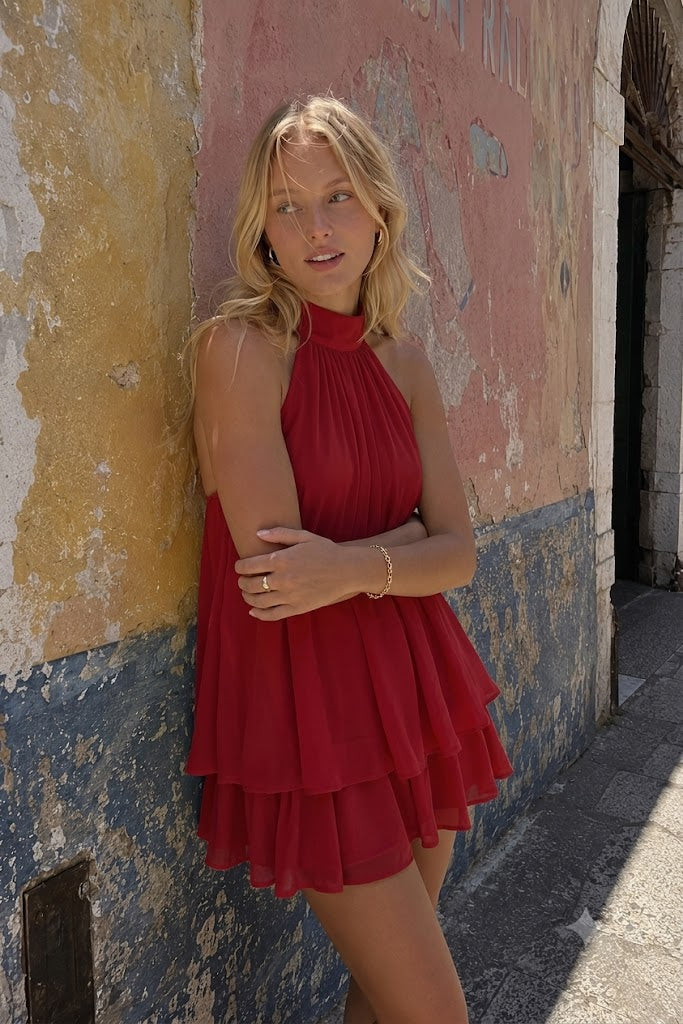 Chiffon Halter Neck Ruffle Fit and Flare Mini Dress 14