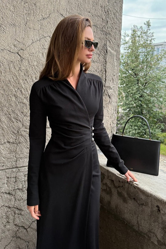 Pleated V-Neck Long Sleeve Maxi Dress
