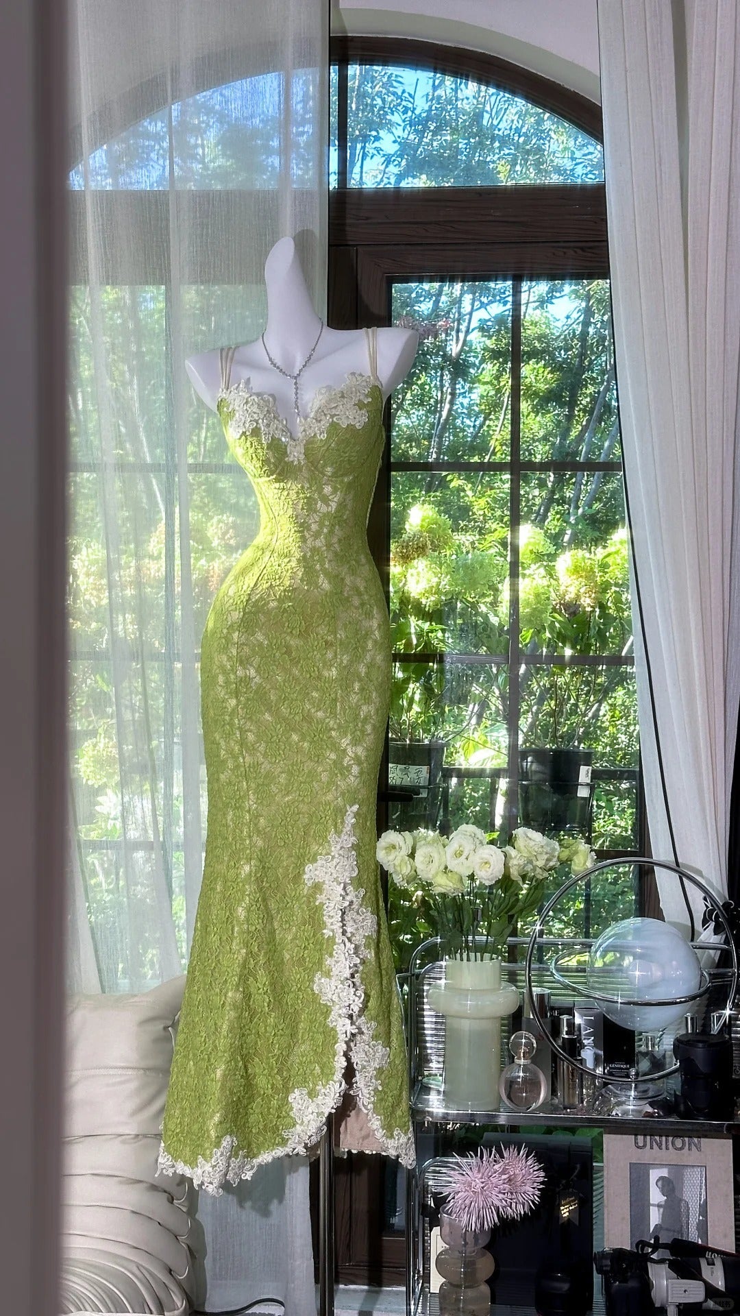 Fresh Green Mermaid Strapless Backless Criss-cross Lace Long Prom Dress Evening Dress P4035