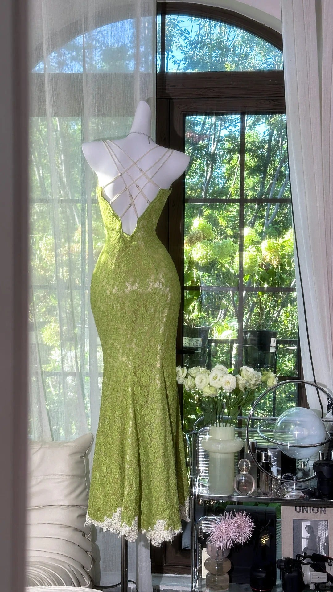 Fresh Green Mermaid Strapless Backless Criss-cross Lace Long Prom Dress Evening Dress P4035