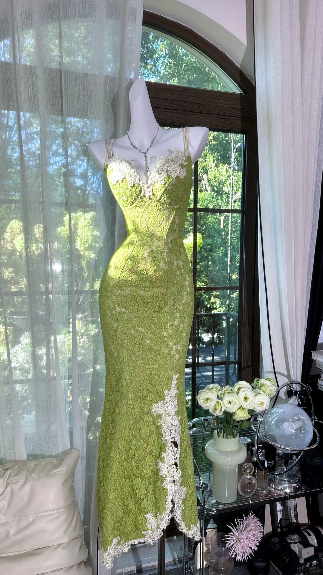 Fresh Green Mermaid Strapless Backless Criss-cross Lace Long Prom Dress Evening Dress P4035