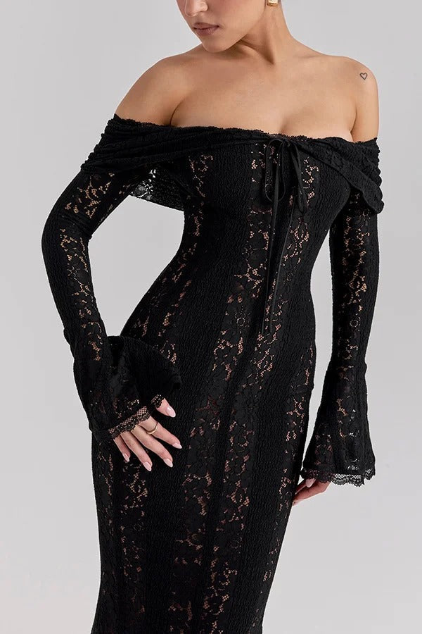 Leila Off Shoulder Floral Lace Flared Sleeve Fishtail Maxi Dress - View 17