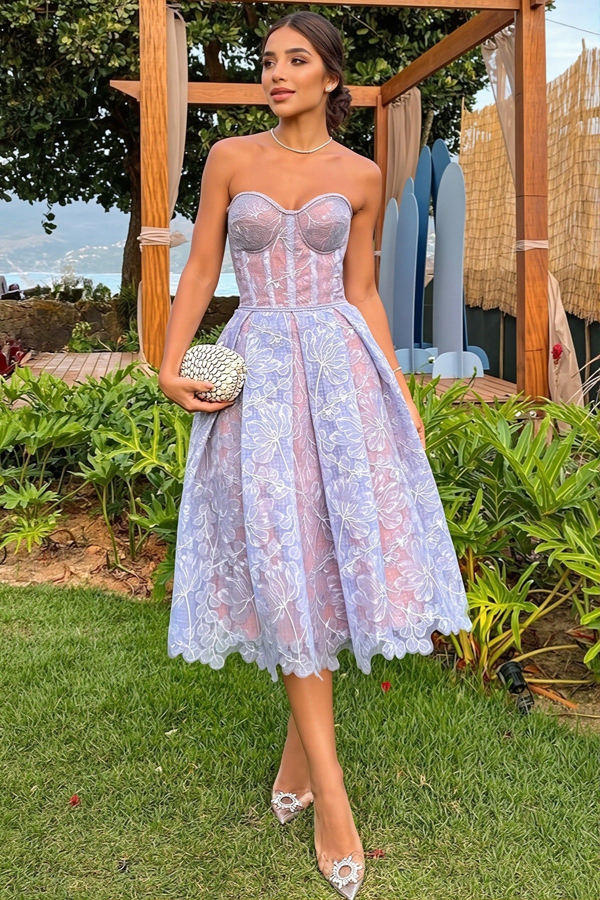Lace Strapless Corset Sweetheart A-Line Midi Dress