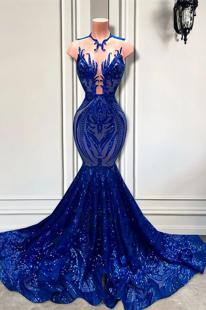 Fabulous Sequined Royal Blue Sleeveless Mermaid Long Formal Dresses - Fashionpara