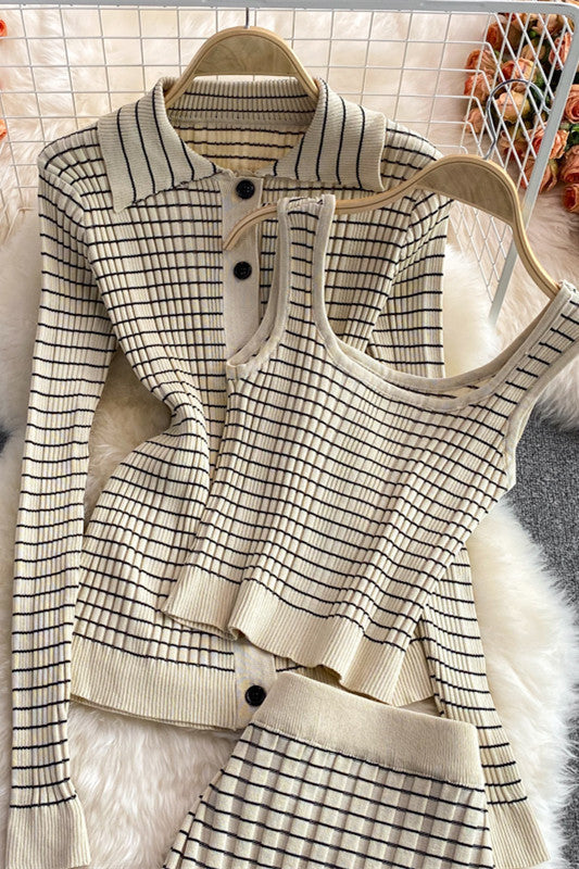 Stylish Temperament Plaid Knitted 3-Piece Coat Set for All
