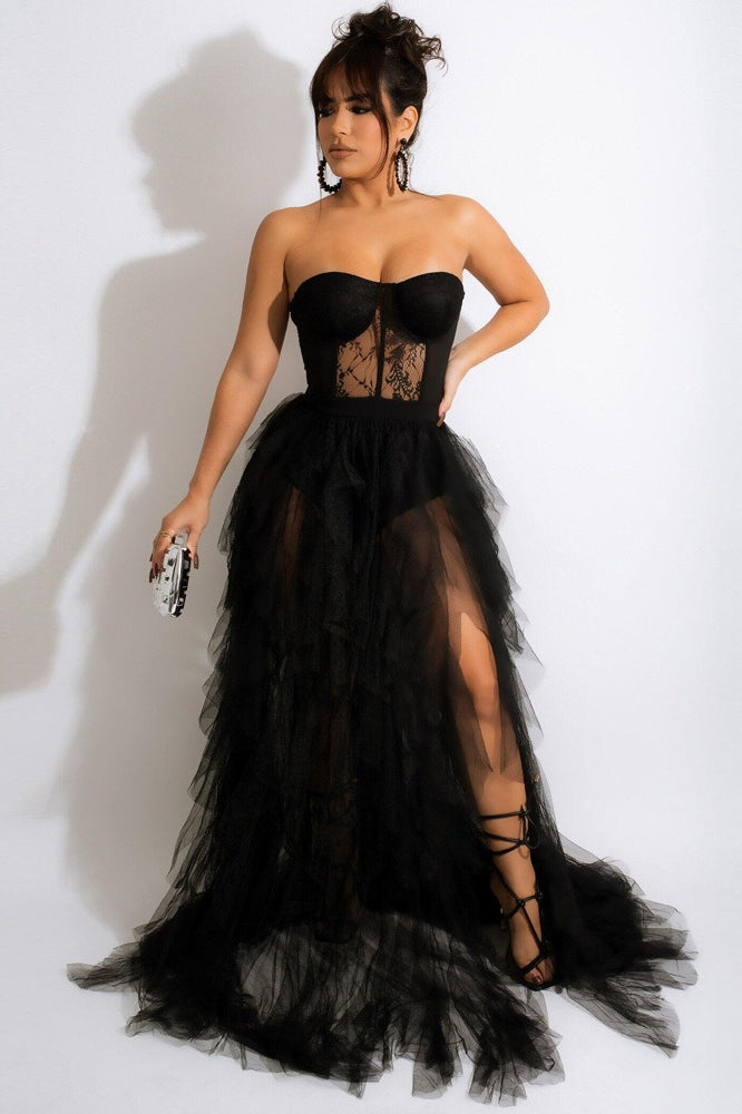Sheer Lace Bustier Strapless Tulle A-Line Formal Gown