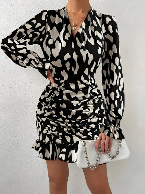 Leopard Print V-neck Tie Waist Bodycon Mini Dress Party Dress - Fashionpara