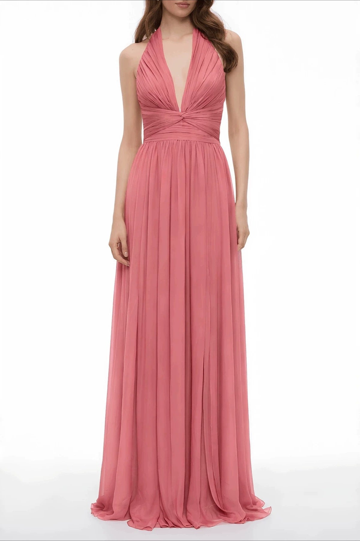 Chiffon Halter Neck Plunge Twist Front Gown