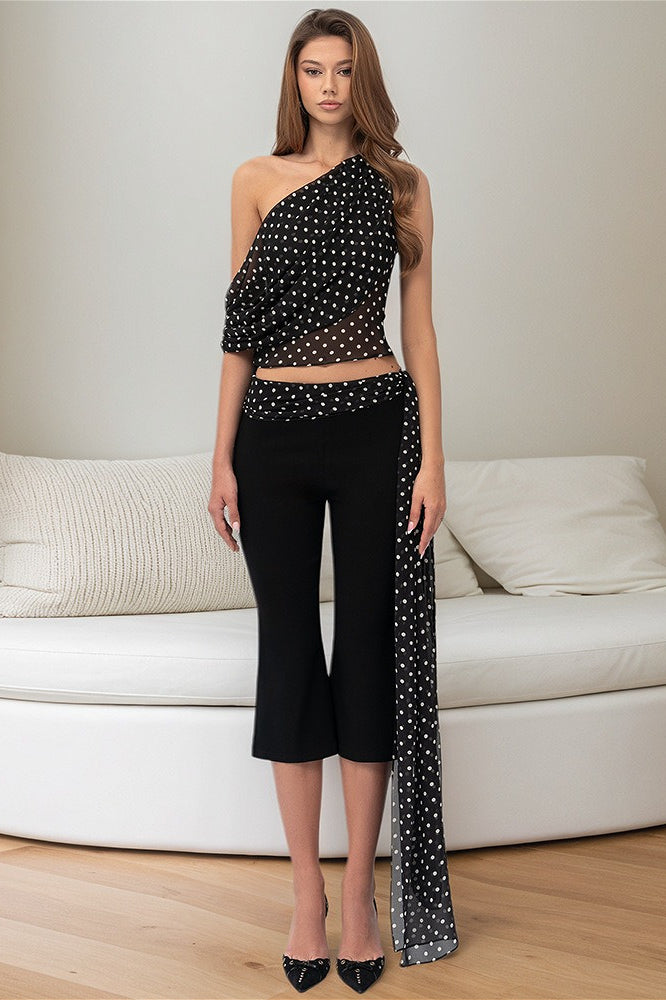 Polka Dot Off Shoulder Crop Top Set - Fashionpara