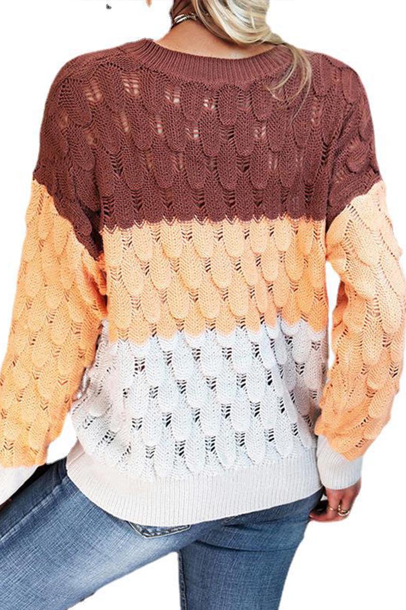 V-Neck Patchwork Casual Sweater  Fashionpara