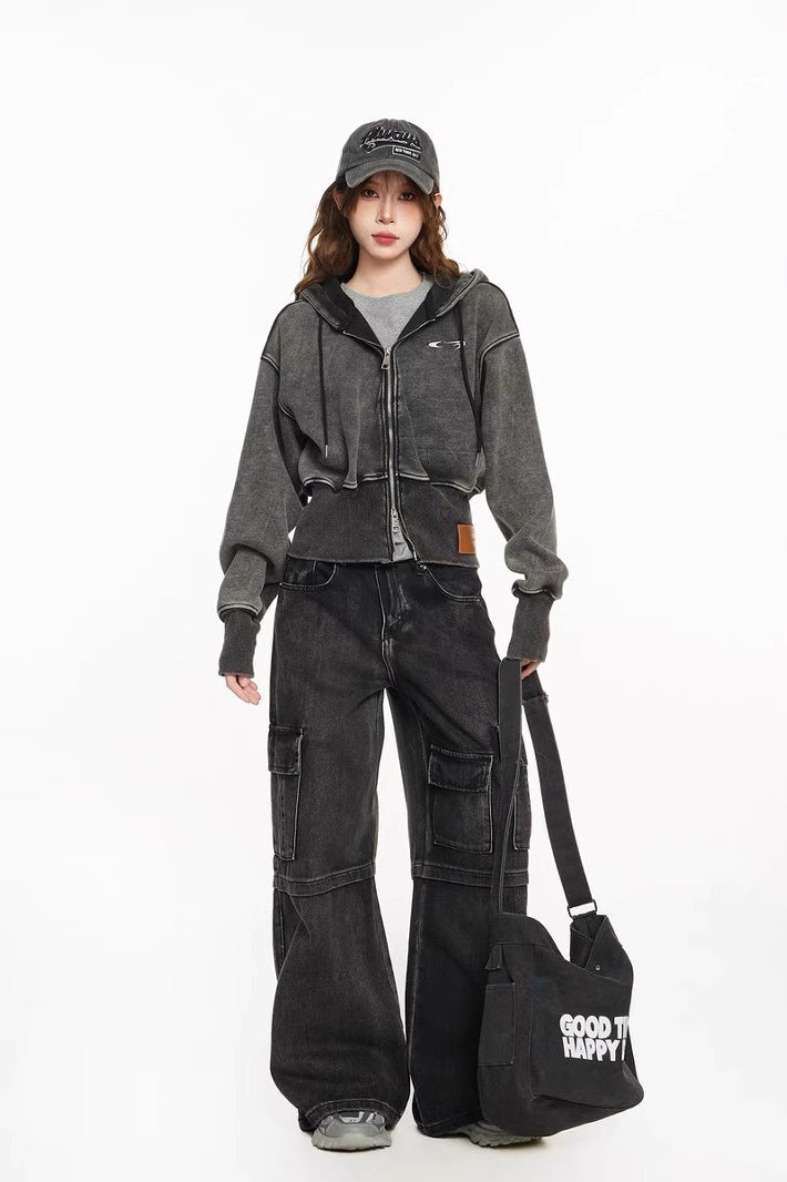 Washed Embroidered Cropped Hoodie - Fashionpara