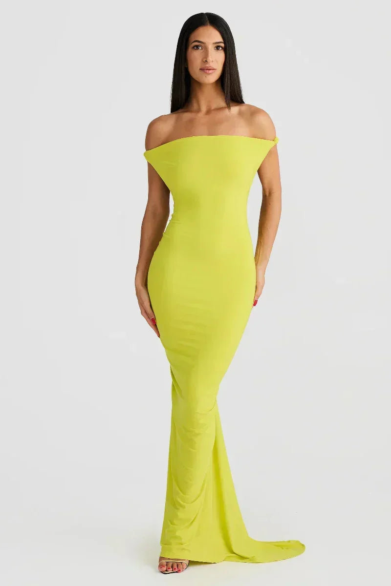 Off Shoulder Fold Over Sleeve Knit Bodycon Floor Length Gown