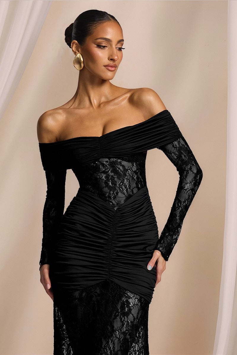 Lace Off Shoulder Long Sleeve Ruched Mermaid Gown - View 2