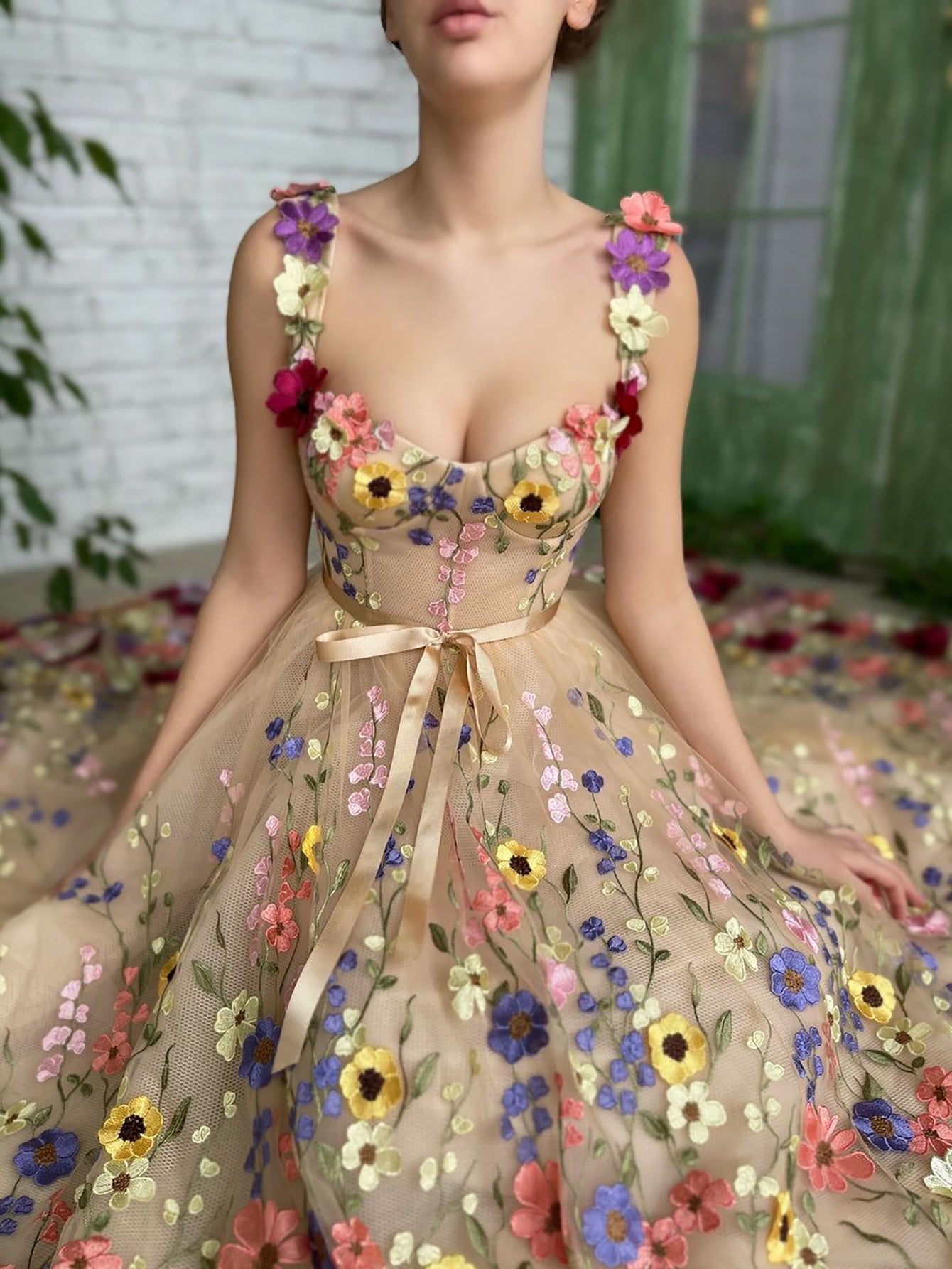 Beige Sweetheart A Line Embroidery Long Prom Dress With 3D Flowers - Fashionpara