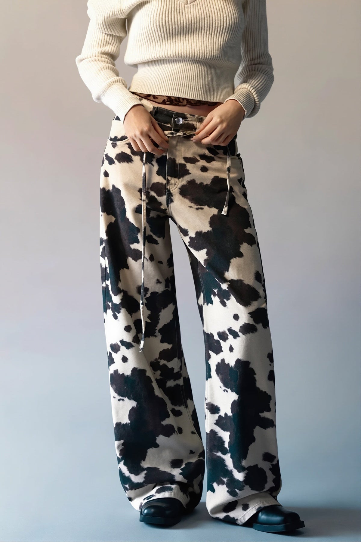 Cow Print Straight Leg Denim Pants