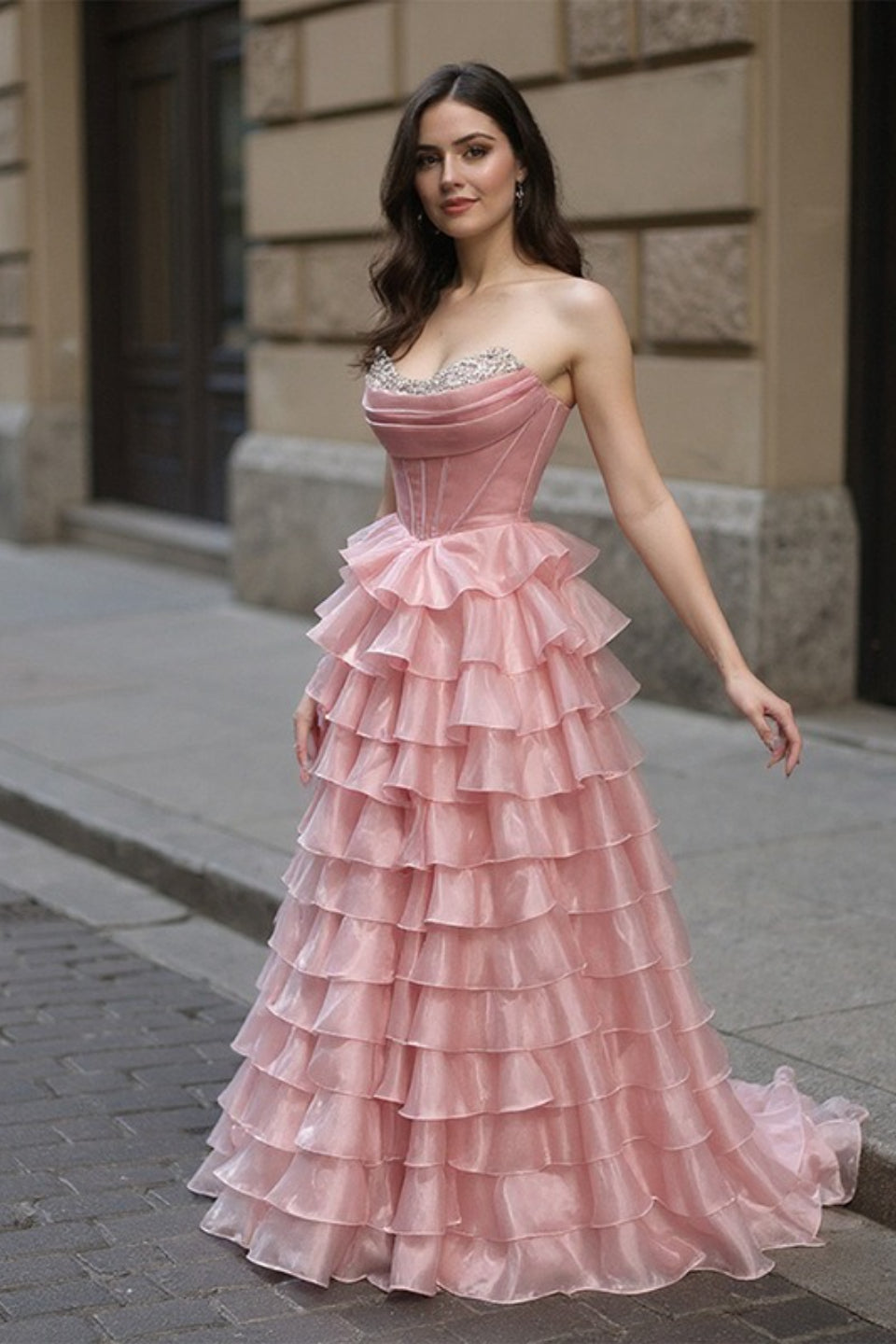 Strapless Sweetheart Crystal Beaded Corset Tiered Ruffle Ball Gown