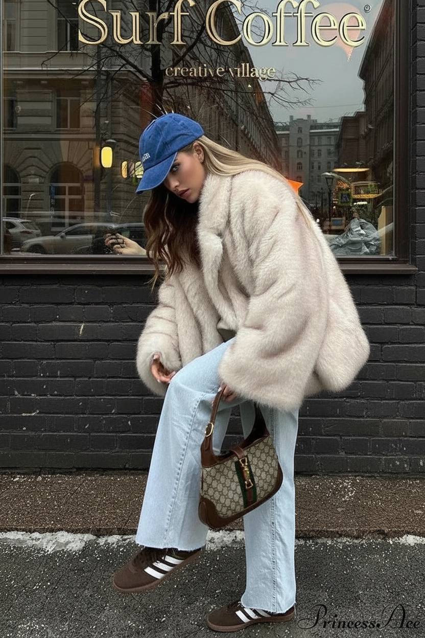 White Tip-Dyed Faux Fox Fur Mid-Length Coat - Fashionpara