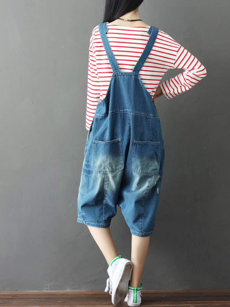 Bohemian Style Short Patch Denim Overalls - Fashionpara