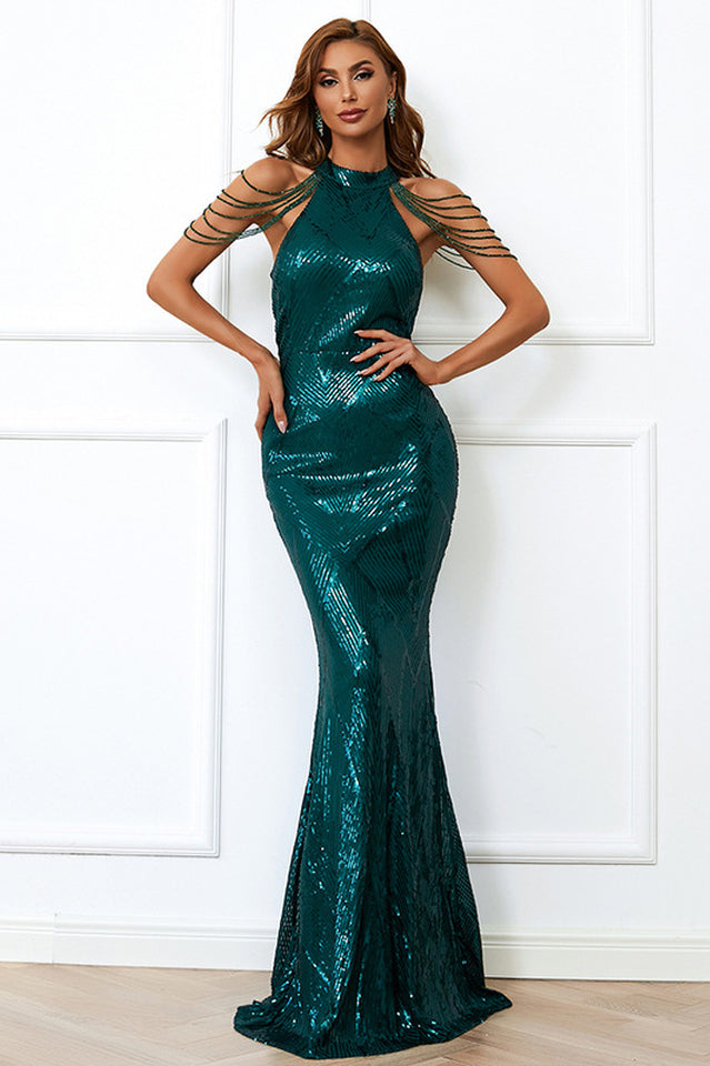 Sequin Halter Beaded Shoulder Mermaid Gown