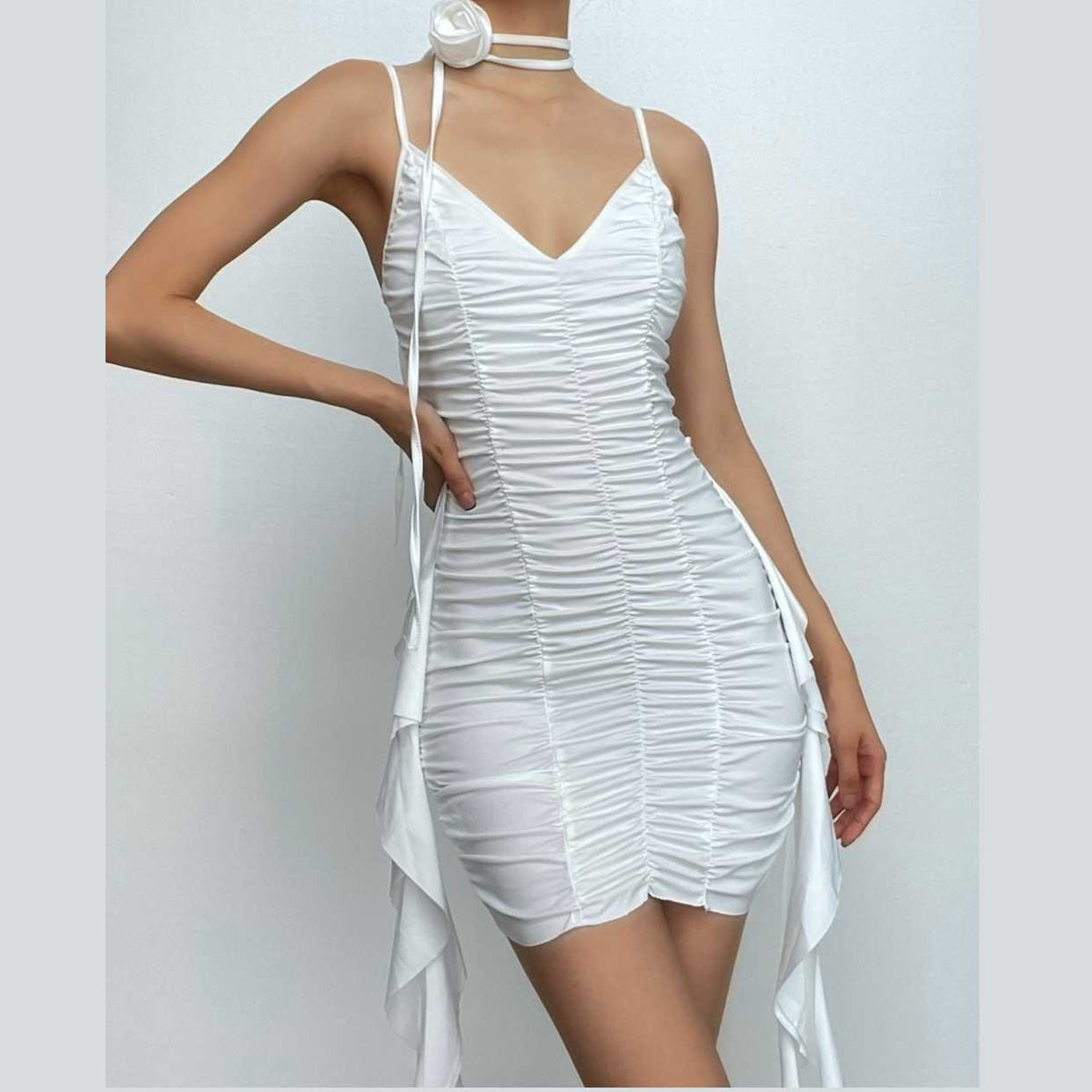 V-Neck Spaghetti Strap Ruched Bodycon Mini Dress