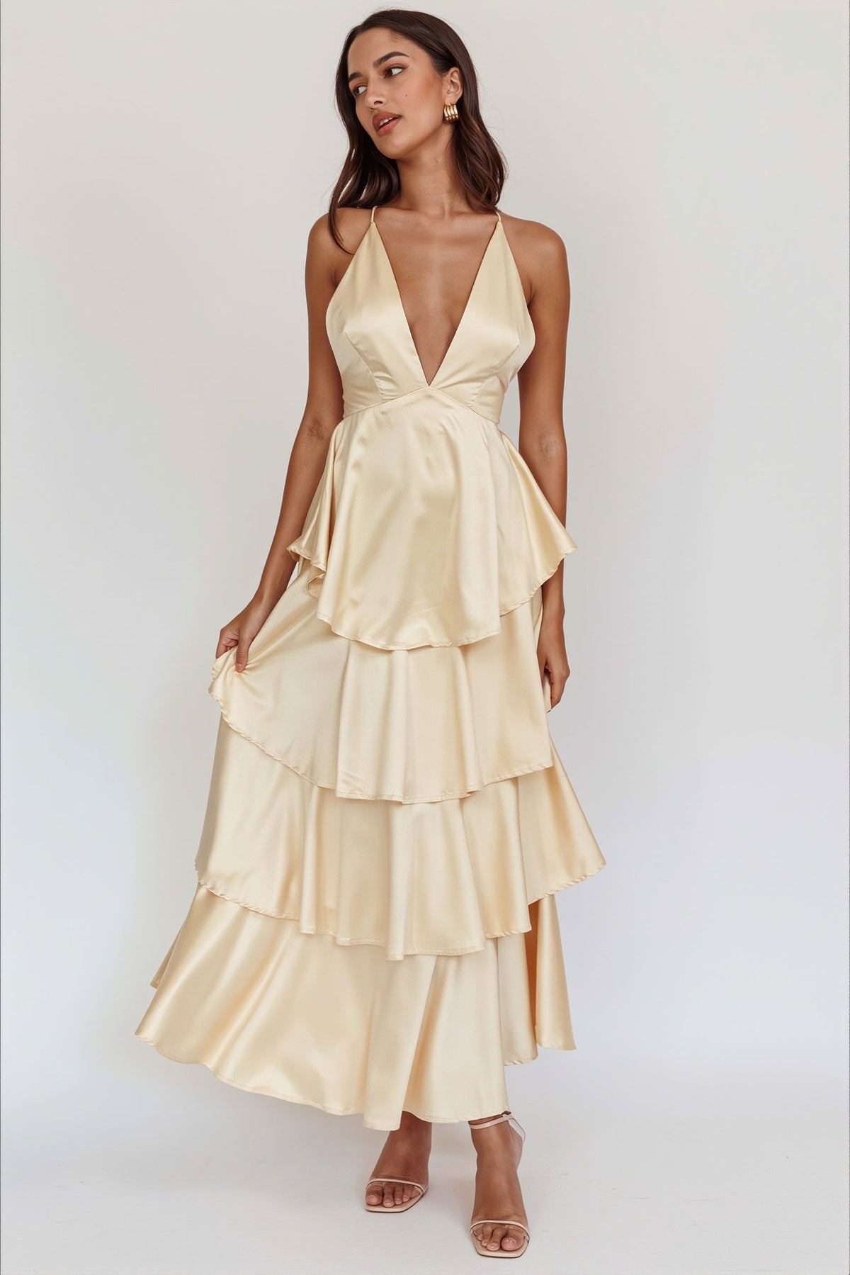 Satin Plunge V-Neck Tiered Ruffle Maxi Formal Dress
