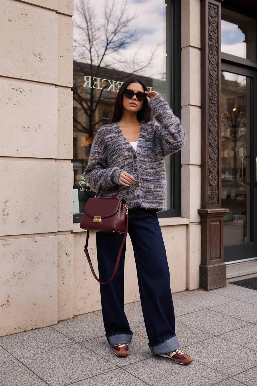 New Retro Fashion Deep V-Neck Maillard Plush Long-Sleeve Knit Cardigan - Fashionpara