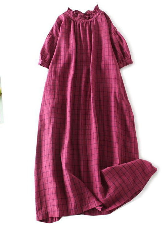 Plaid Print Ruffle Mock Neck Short Puff Sleeve A-Line Midi Dress