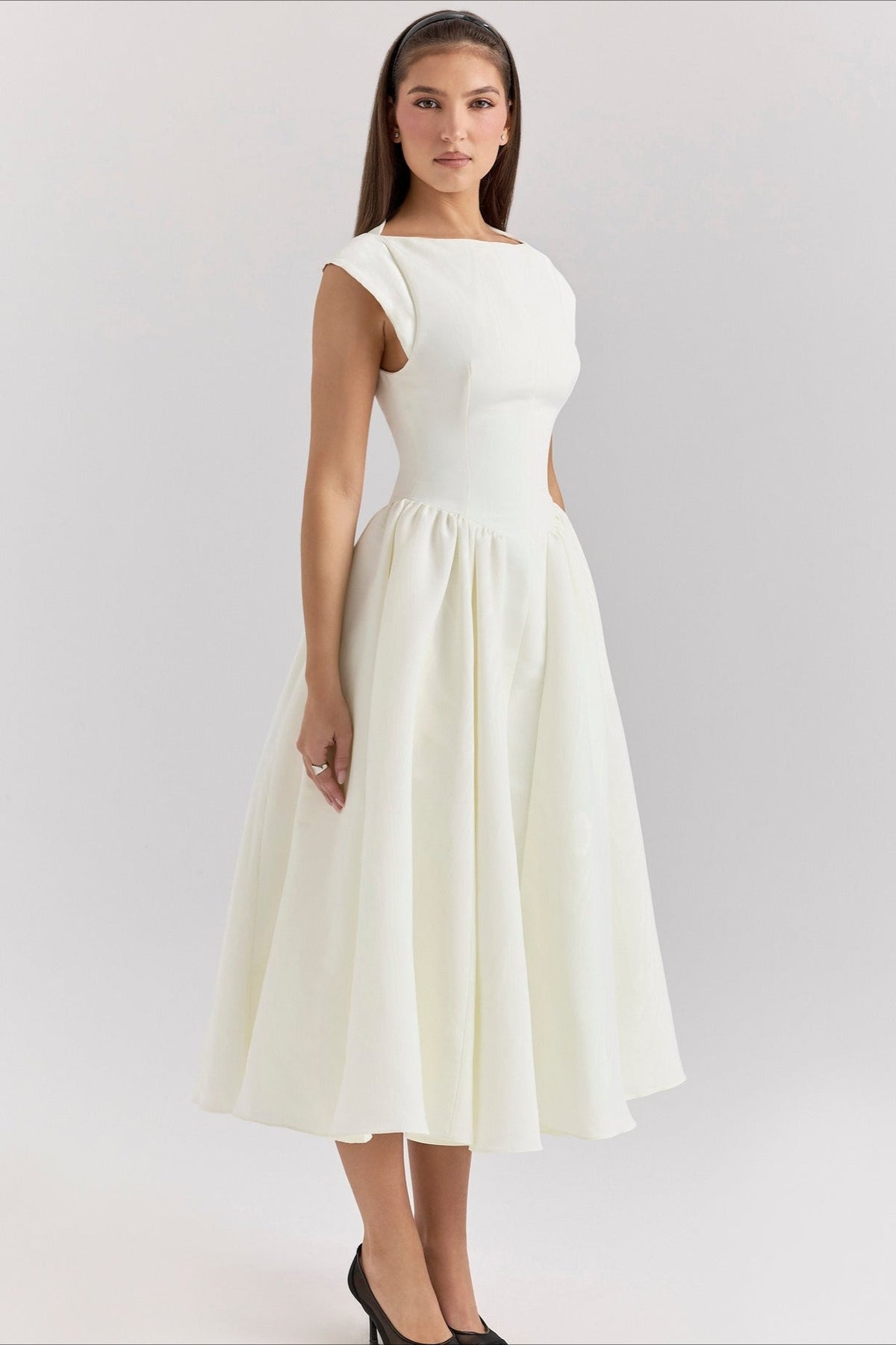 Boat Neck Cap Sleeve Fit & Flare Midi Dress 6
