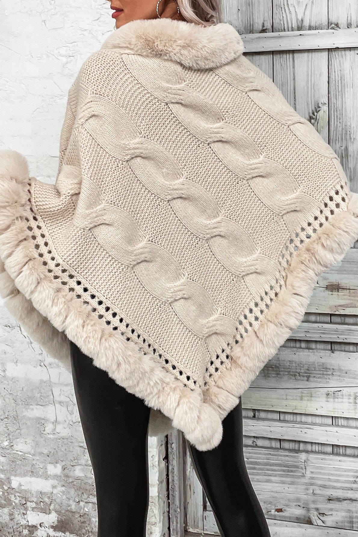 Vintage Cable Knit Fleece-Collar Poncho Coat
